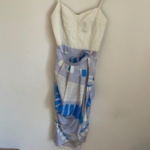 The Addison Story Linen Cotton White Blue Gray Printed Dress